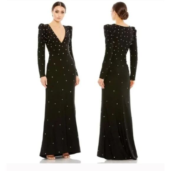 MAC DUGGAL 55797 Black Rhinestone Encrusted Long Sleeve V-Neck Jersey Gown sz 6 - Picture 1 of 16